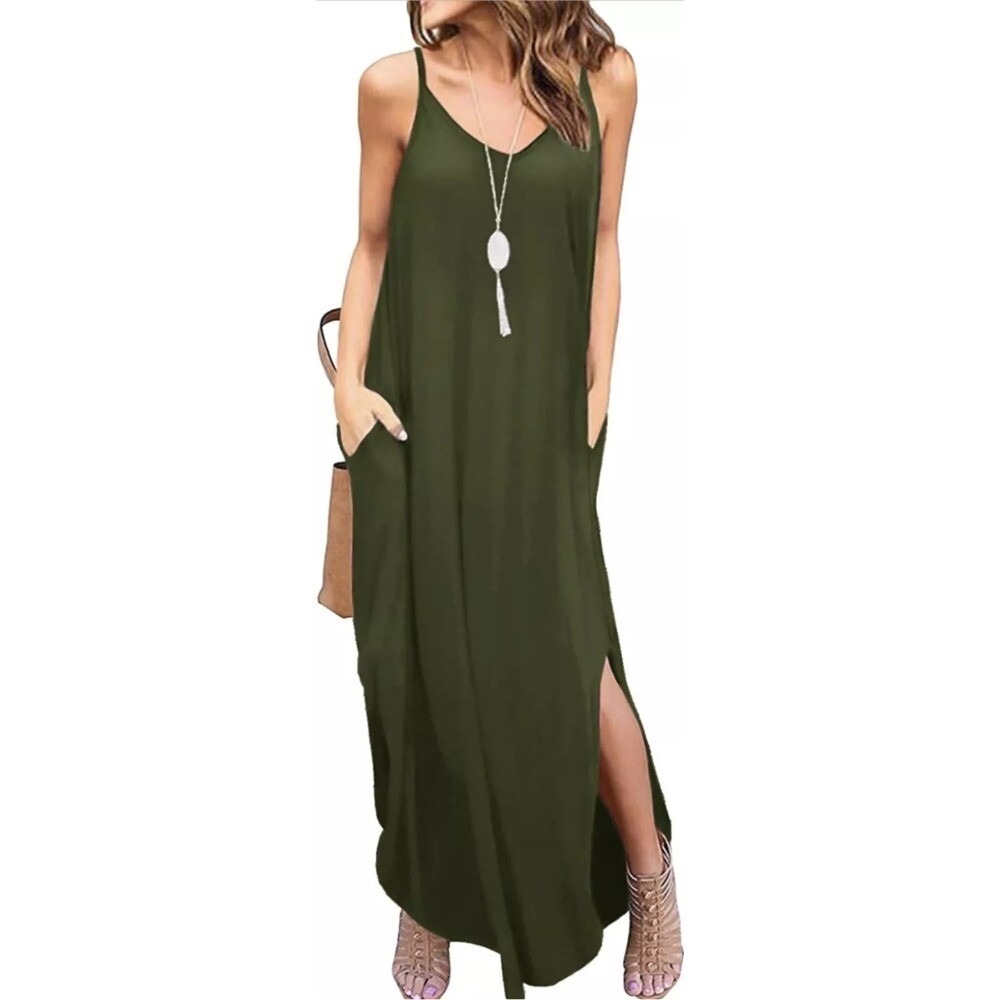 Grecerelle Maxi Dress Olive Green Casual Sundress with Pockets Pullover XS NWT‎